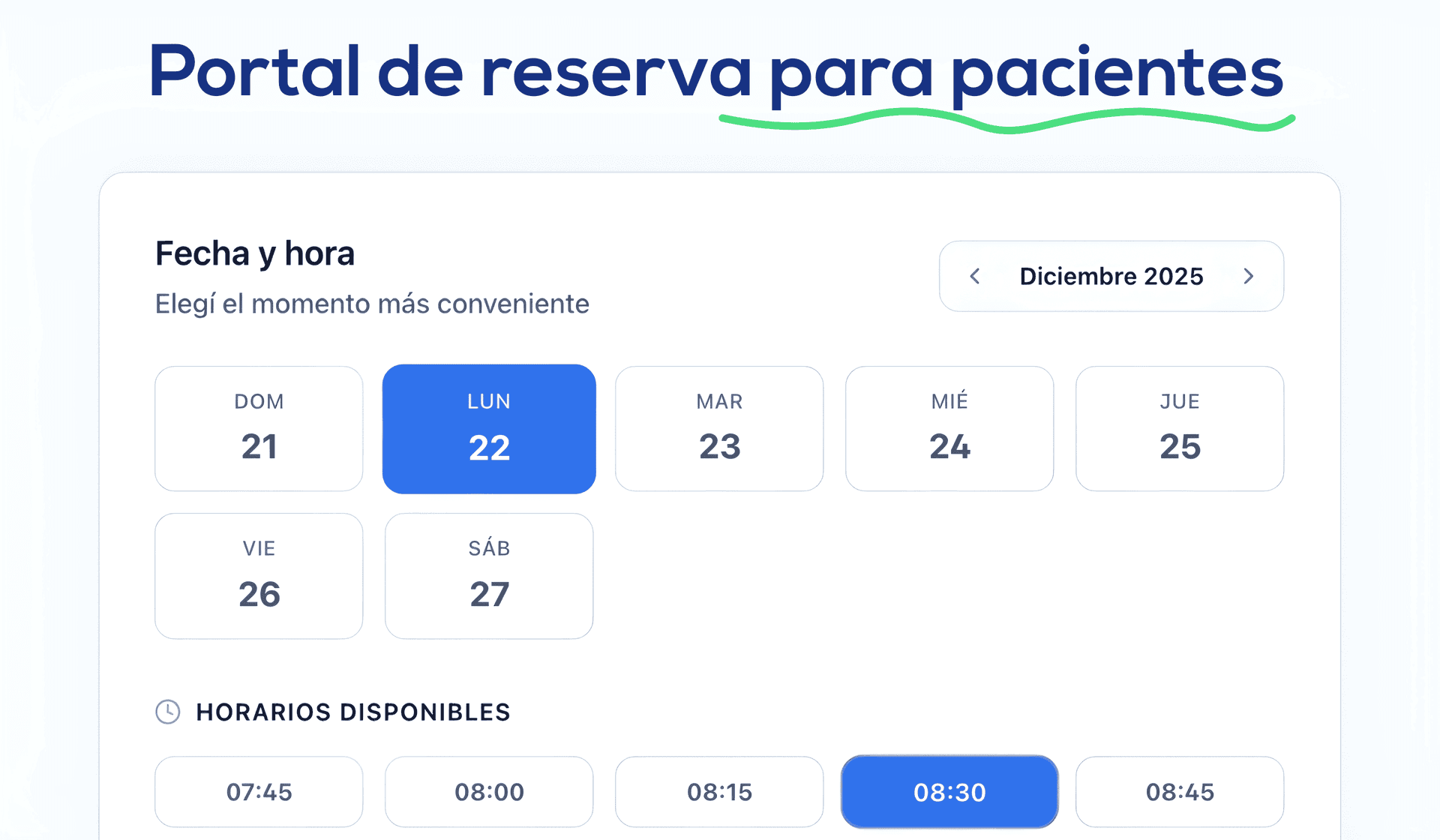 Vista de los horarios disponibles para reservar un turno en Turnera