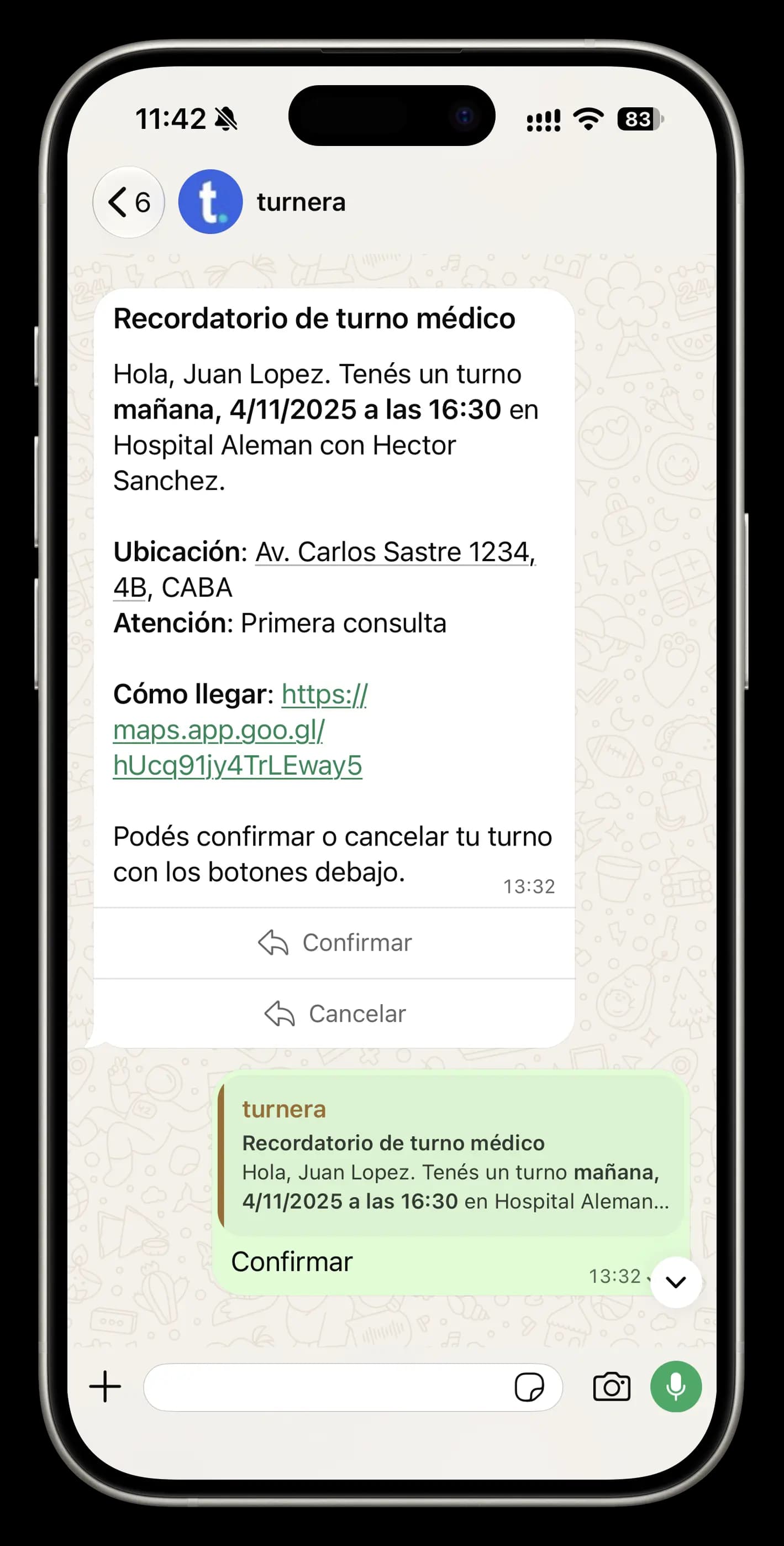 Ejemplo de un recordatorio de turno enviado por Turnera a través de WhatsApp