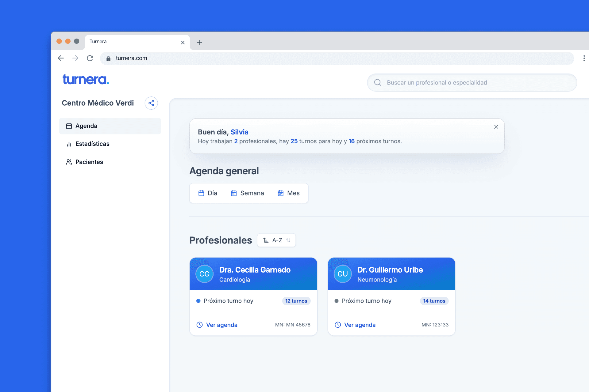 Pantalla de gestión de agenda médica online de Turnera mostrando turnos organizados, múltiples profesionales y horarios optimizados para consultorios médicos